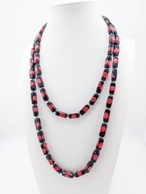 Vintage 44 Inch Millefiori Glass Bead Hand Knotted Necklace with Barrel Clasp